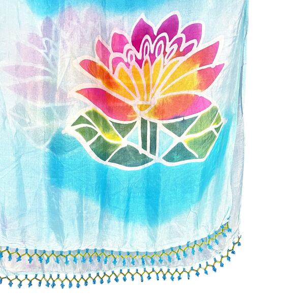 SET OF TWO Floral Hand-Painted Silk Scarves with Beaded Trim Lotus Water Lily - Picture 2 of 8